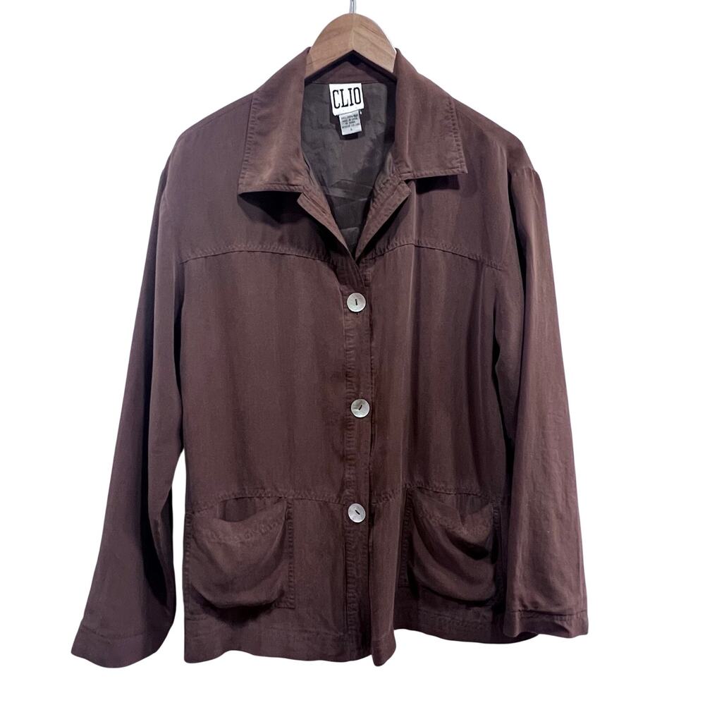 Vintage CLIO Deep Brown Silk Button Down Top Lightweight Jacket Women's Large